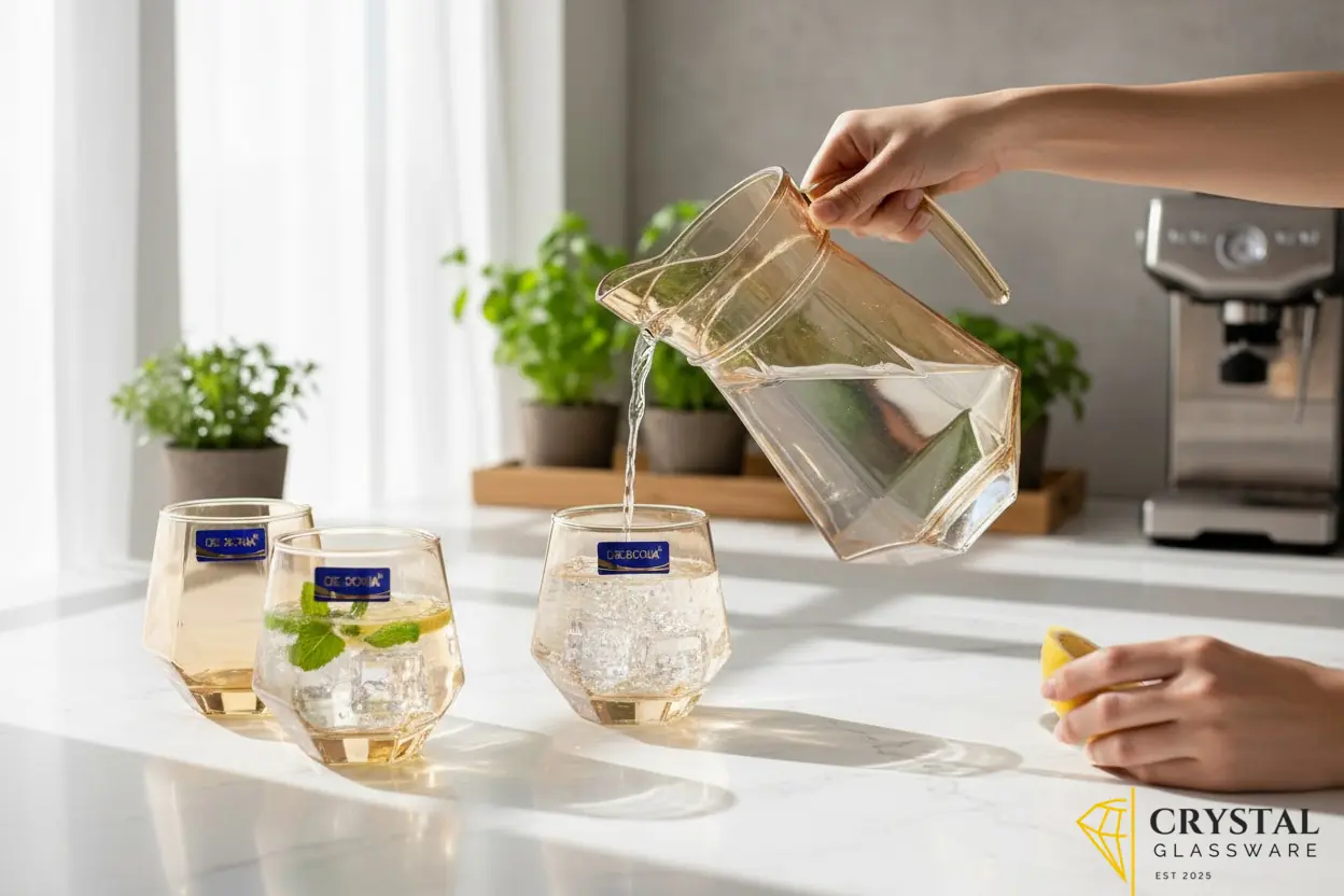 Golden-Accent Water Set Diamond-Shaped Glassware